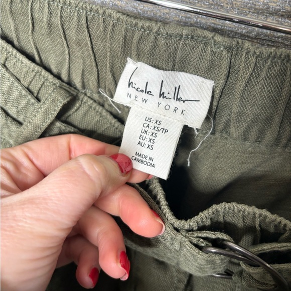 Nicole Miller new york army green linen blend belted XS pants - Picture 2 of 4